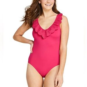 Draper James X Lands End Red Ruffle Neck One Piece Swimsuit Sz 20W